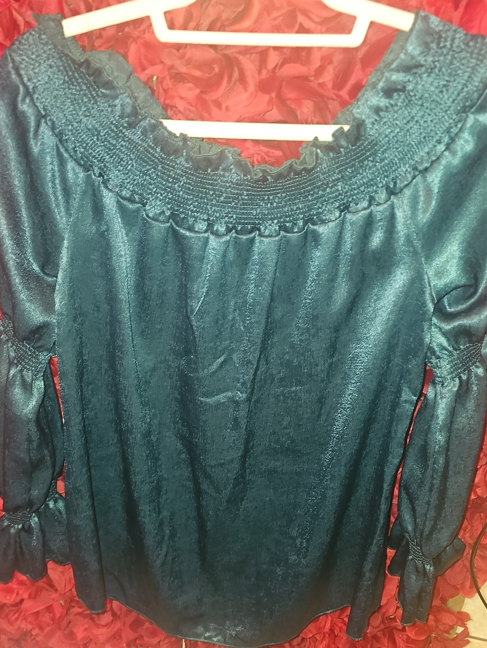 Women's Teal Green Satin Smocked-Neck Polyester Ruffle Bubble Blouse Size Large